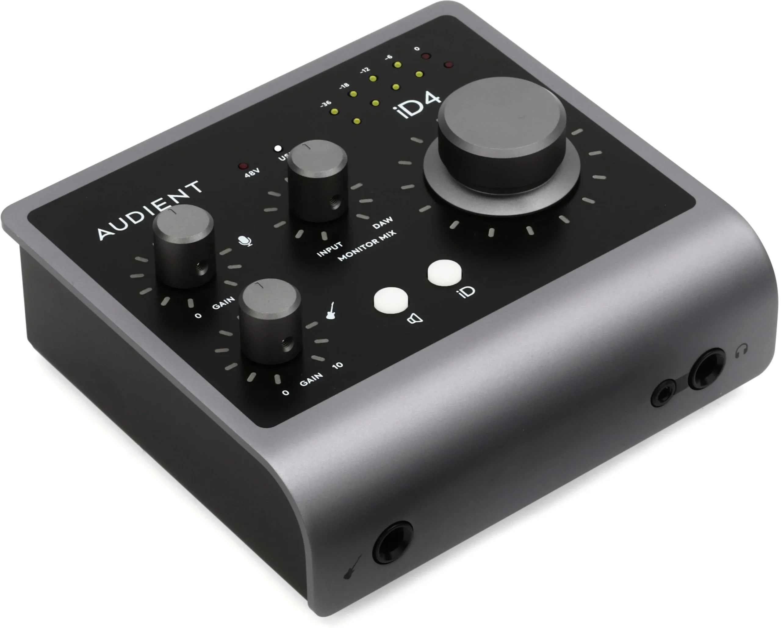 Audient iD4 MkII USB audio interface with large volume knob, headphone outputs, and gain controls, placed on a studio desk — compact black design with premium build quality.