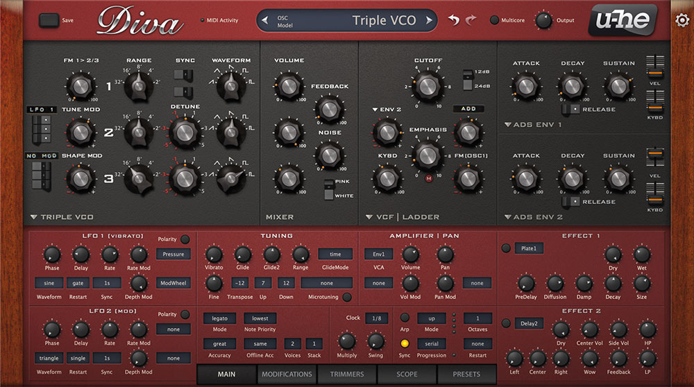 u-he Diva virtual analog synthesizer plugin interface with oscillators and filters