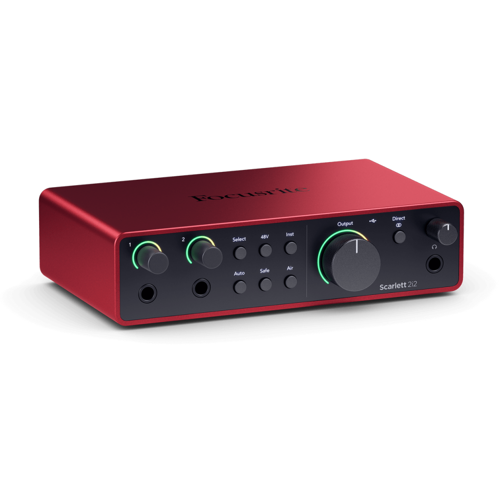 Focusrite Scarlett 2i2 4th Gen USB audio interface with dual inputs and gain knobs