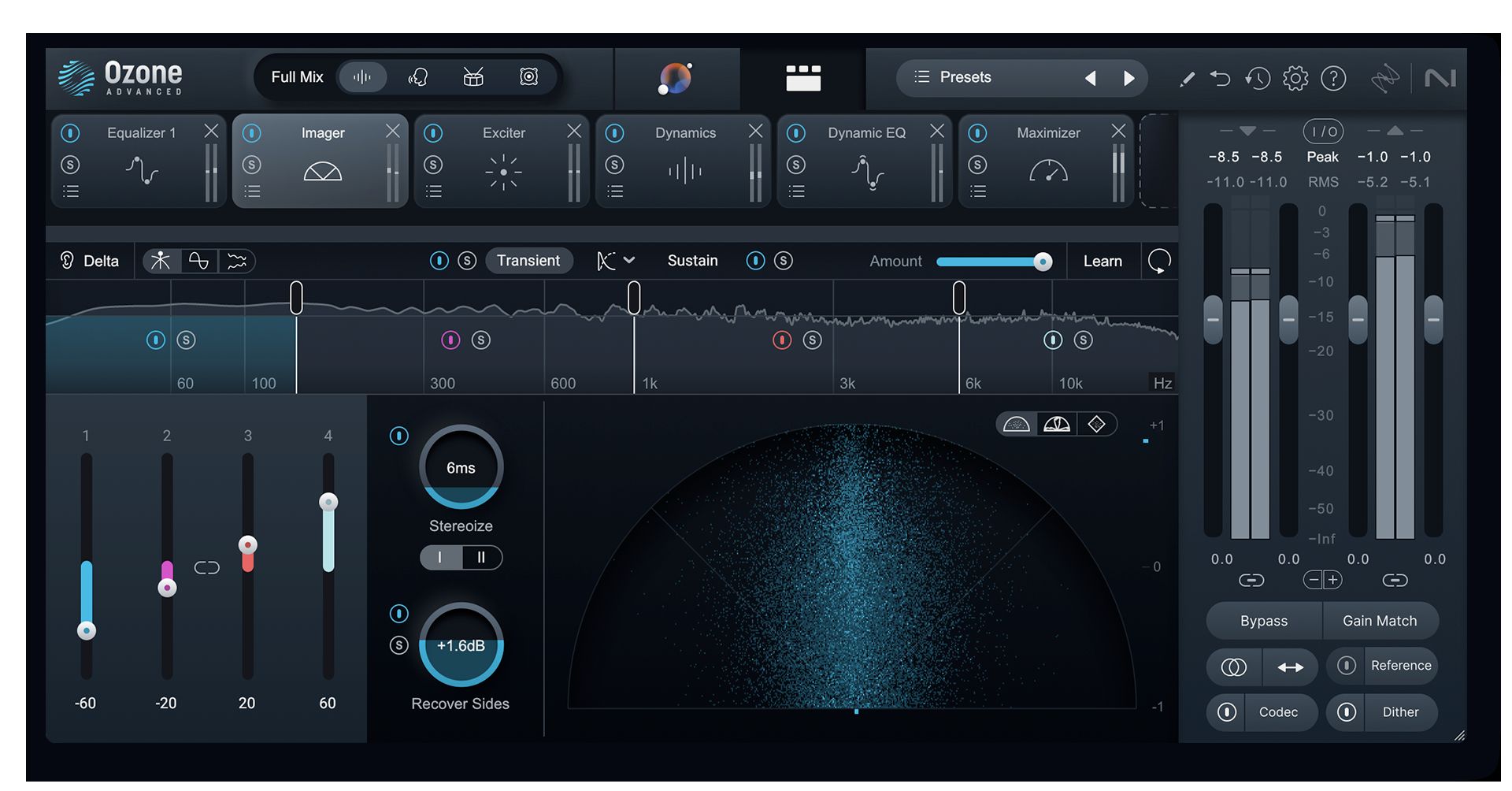 iZotope Ozone 11 Standard mastering plugin interface with modules and meters
