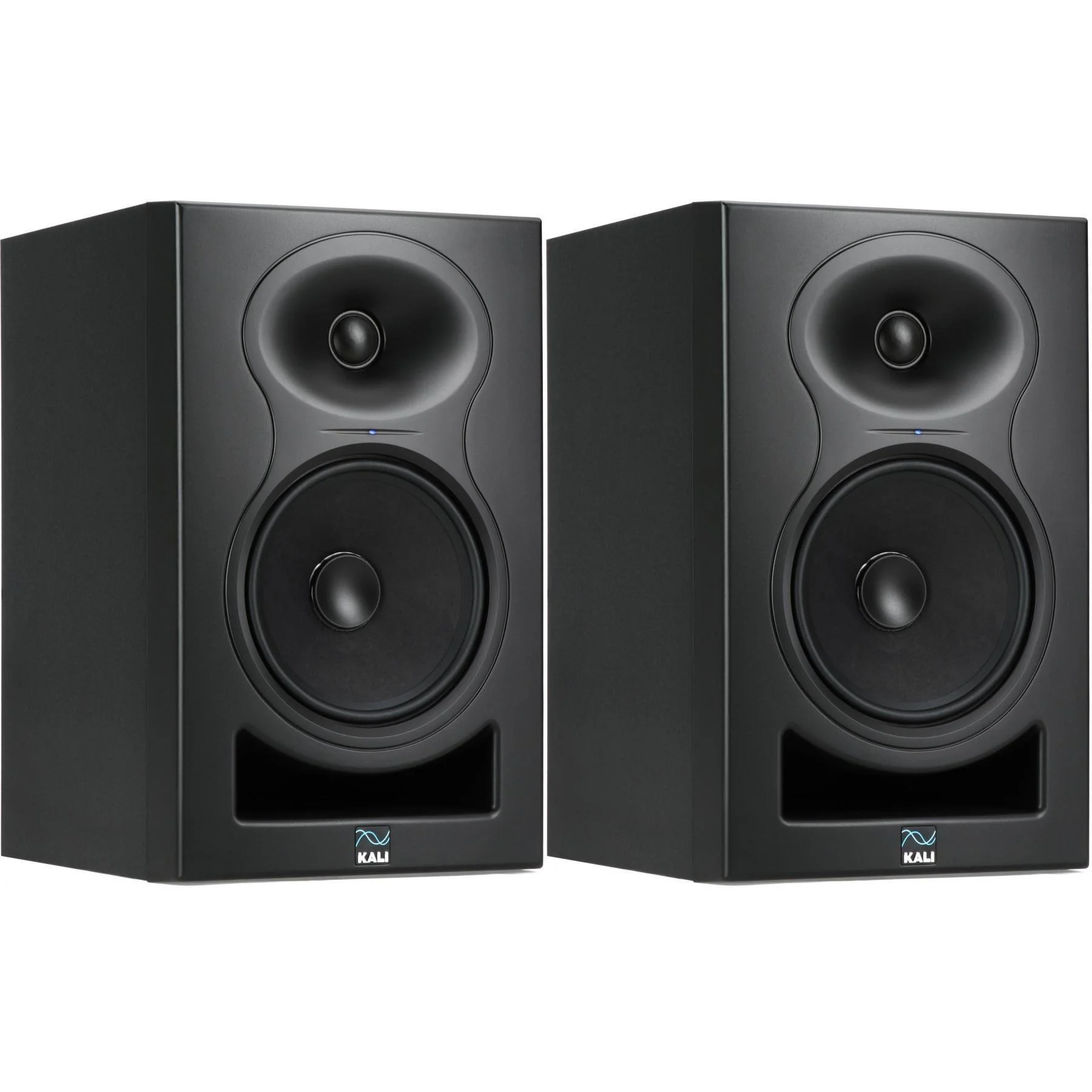 Pair of Kali LP-6 V2 monitors on stands in a home studio setup