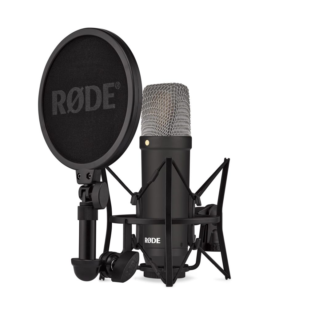 Close-up of Rode NT1-A studio condenser microphone with pop filter