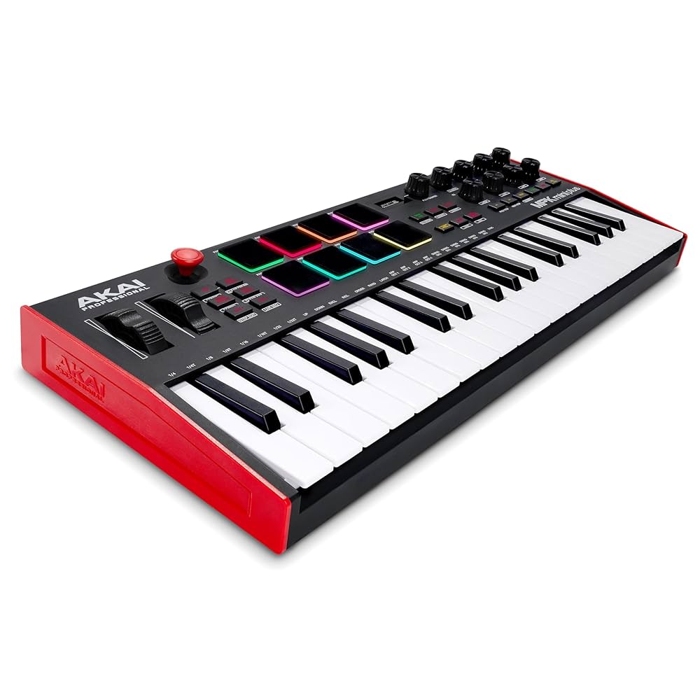 Akai MPK Mini Plus compact MIDI keyboard with 37 mini keys, 8 RGB drum pads, knobs, and built-in sequencer for portable music production.