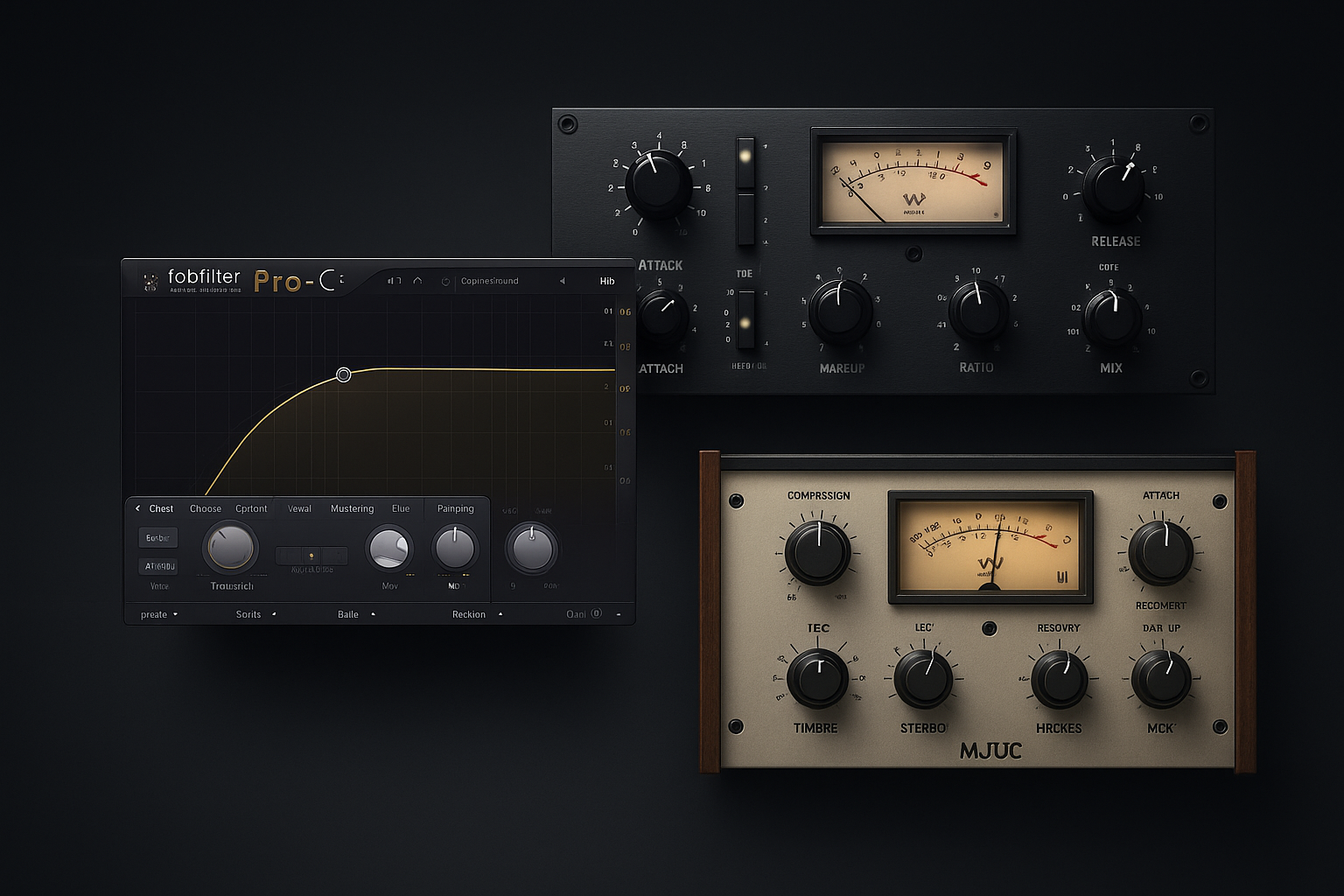 Hero image featuring multiple compression plugin interfaces — FabFilter Pro-C 2, UAD 1176, Waves SSL G-Master Buss Compressor, and Klanghelm MJUC — arranged against a dark gradient background for the ProSoundPicks Best Compression Plugins 2025 guide.