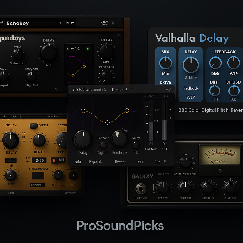 Hero image featuring multiple delay plugin interfaces — Soundtoys EchoBoy, FabFilter Timeless 3, Valhalla Delay, Waves H-Delay, and UAD Galaxy Tape Echo — arranged on a dark gradient background for the ProSoundPicks Best Delay Plugins 2025 guide.