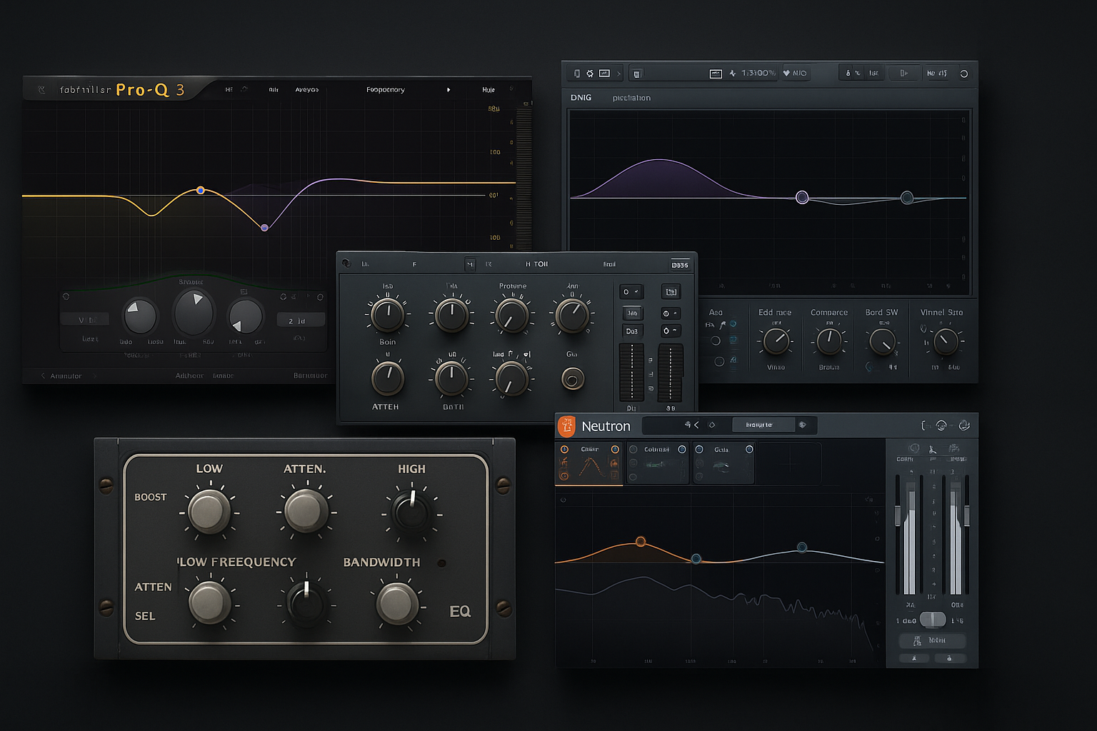 Hero image featuring multiple EQ plugin interfaces — FabFilter Pro-Q 3, DMG Equilibrium, UAD Pultec, Waves SSL E-Channel, and iZotope Neutron 5 — arranged on a sleek dark gradient background for the ProSoundPicks Best EQ Plugins 2025 guide.