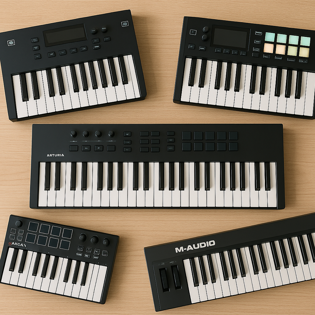 Top 5 MIDI keyboards for producers in 2025 arranged on a light wood desk, including Arturia KeyLab Essential mk3, Native Instruments Komplete Kontrol S49, Akai MPK Mini Plus, Novation Launchkey 61 Mk3, and M-Audio Keystation 49 Mk3.