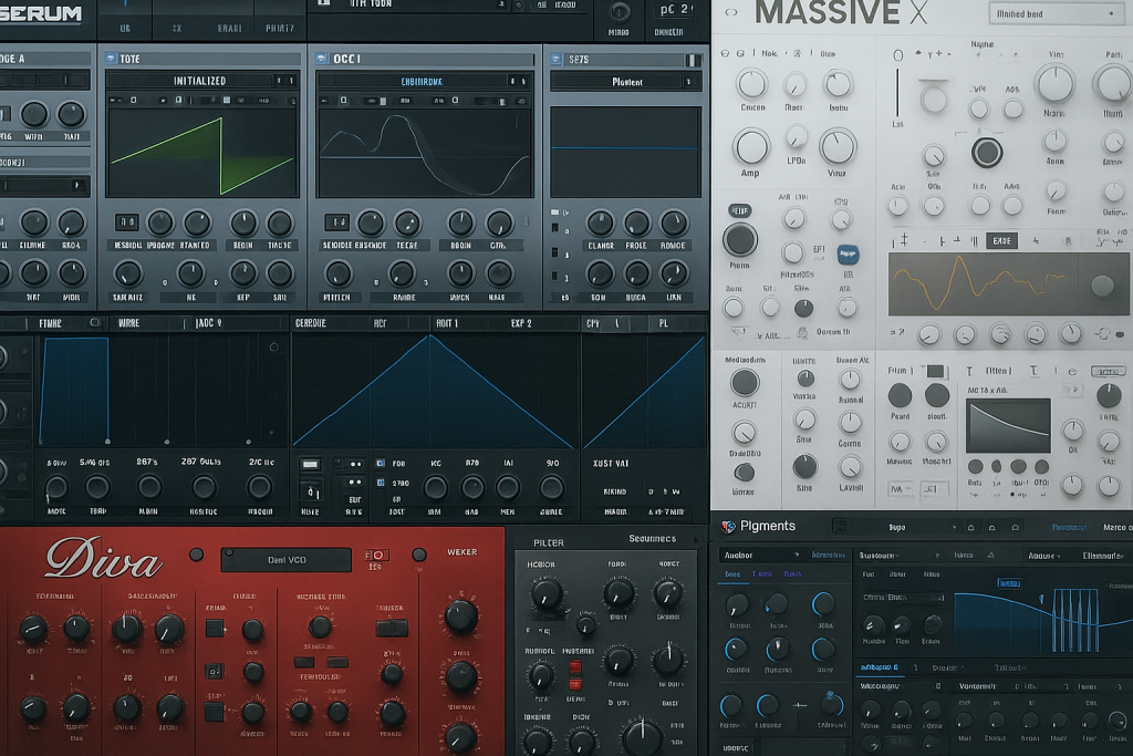 Interfaces of Serum, Massive X, Diva, and Pigments shown together—software synths for music production.