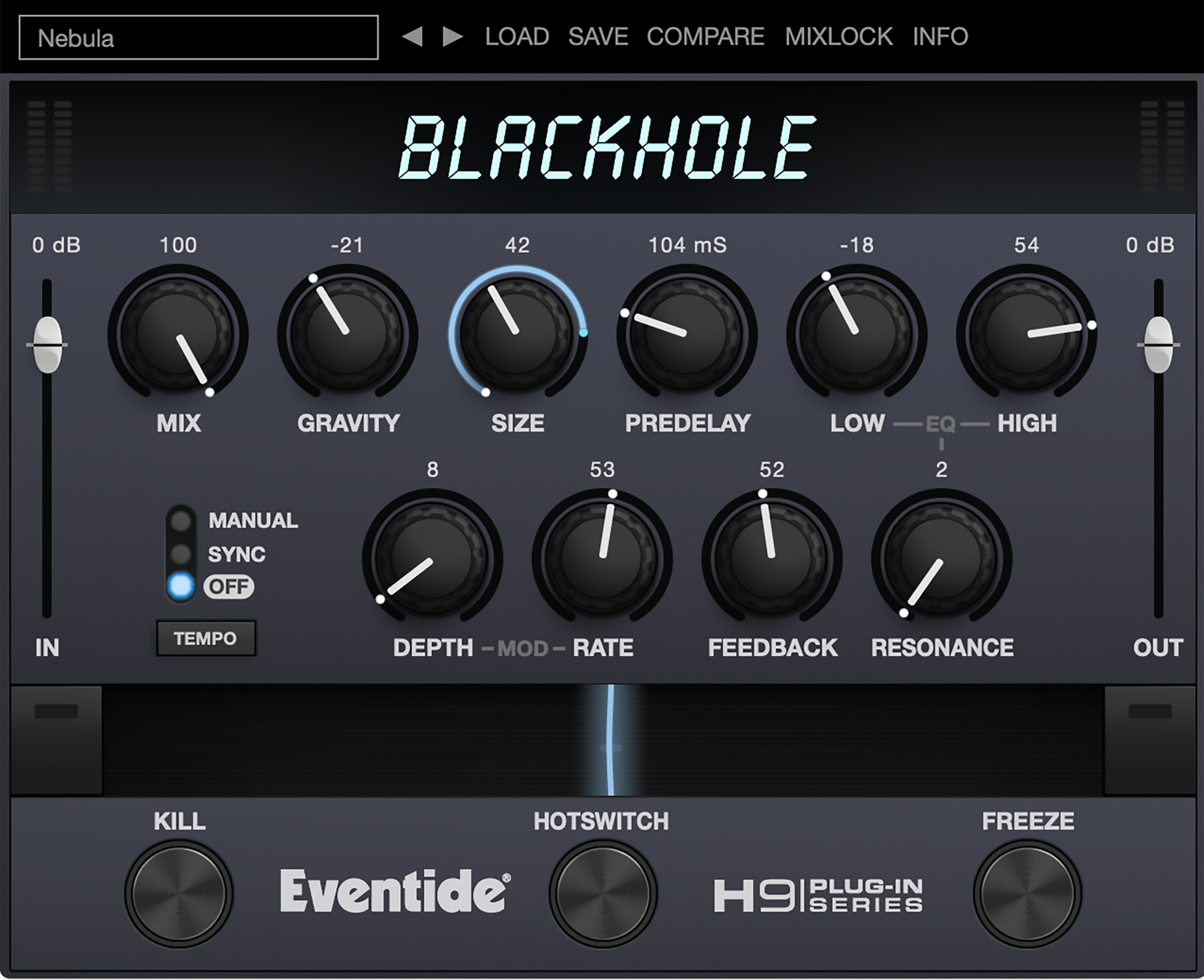 Eventide Blackhole interface with spacey reverb controls