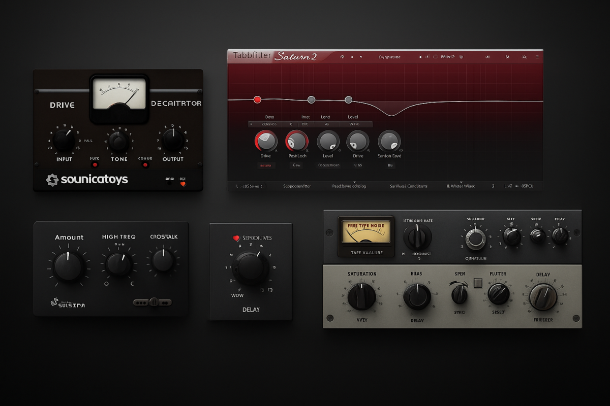 Hero image featuring multiple saturation plugin interfaces — Soundtoys Decapitator, FabFilter Saturn 2, UAD Culture Vulture, Softube Tape, and Waves J37 Tape — arranged on a sleek dark gradient background for the ProSoundPicks Best Saturation Plugins 2025 guide.
