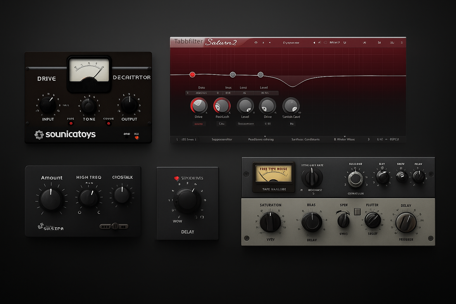 Hero image featuring multiple saturation plugin interfaces — Soundtoys Decapitator, FabFilter Saturn 2, UAD Culture Vulture, Softube Tape, and Waves J37 Tape — arranged on a sleek dark gradient background for the ProSoundPicks Best Saturation Plugins 2025 guide.
