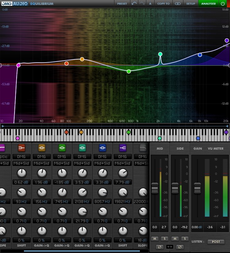 DMG Audio Equilibrium EQ plugin interface emulating vintage curves with advanced customization controls.