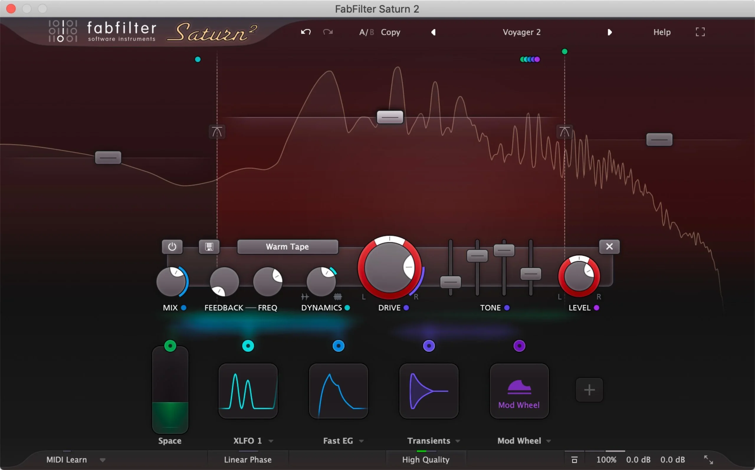 FabFilter Saturn 2 multi-band saturation plugin interface with drive bands, modulation section, and real-time spectrum display.