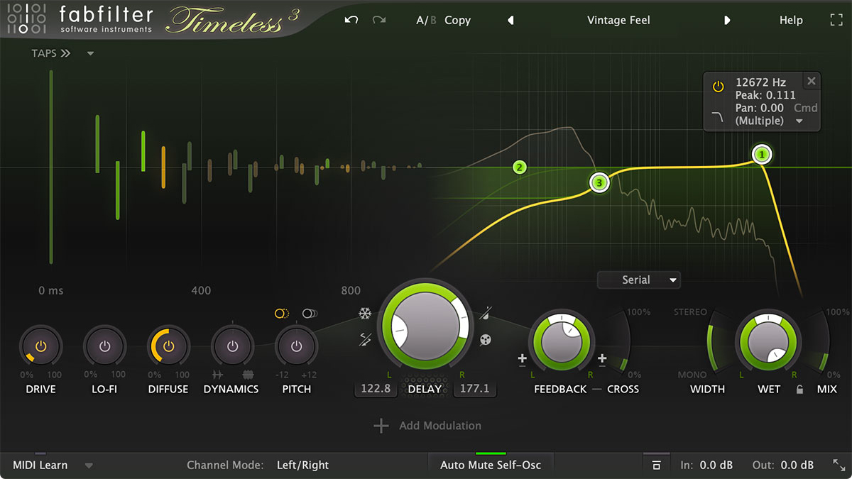 FabFilter Timeless 3 delay plugin interface showing modulation matrix, dual delay lines, and visual feedback display.