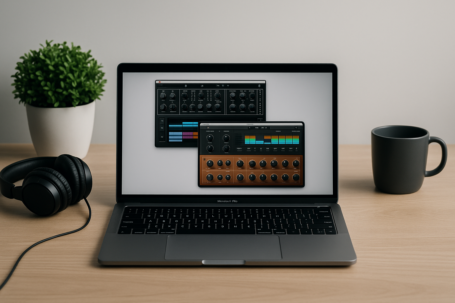 laptop on wooden desk displaying music production plugins