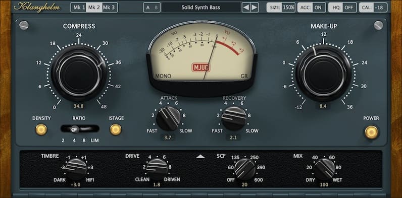 Klanghelm MJUC tube compressor plugin interface with vintage wood panels, large knobs, and analog-style VU meter