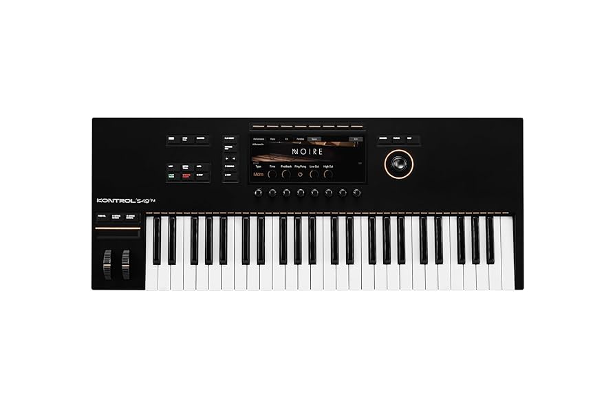 Native Instruments Komplete Kontrol S49 Mk2 MIDI keyboard with 49 semi-weighted keys, dual color screens, and deep integration with Komplete and Kontakt software.