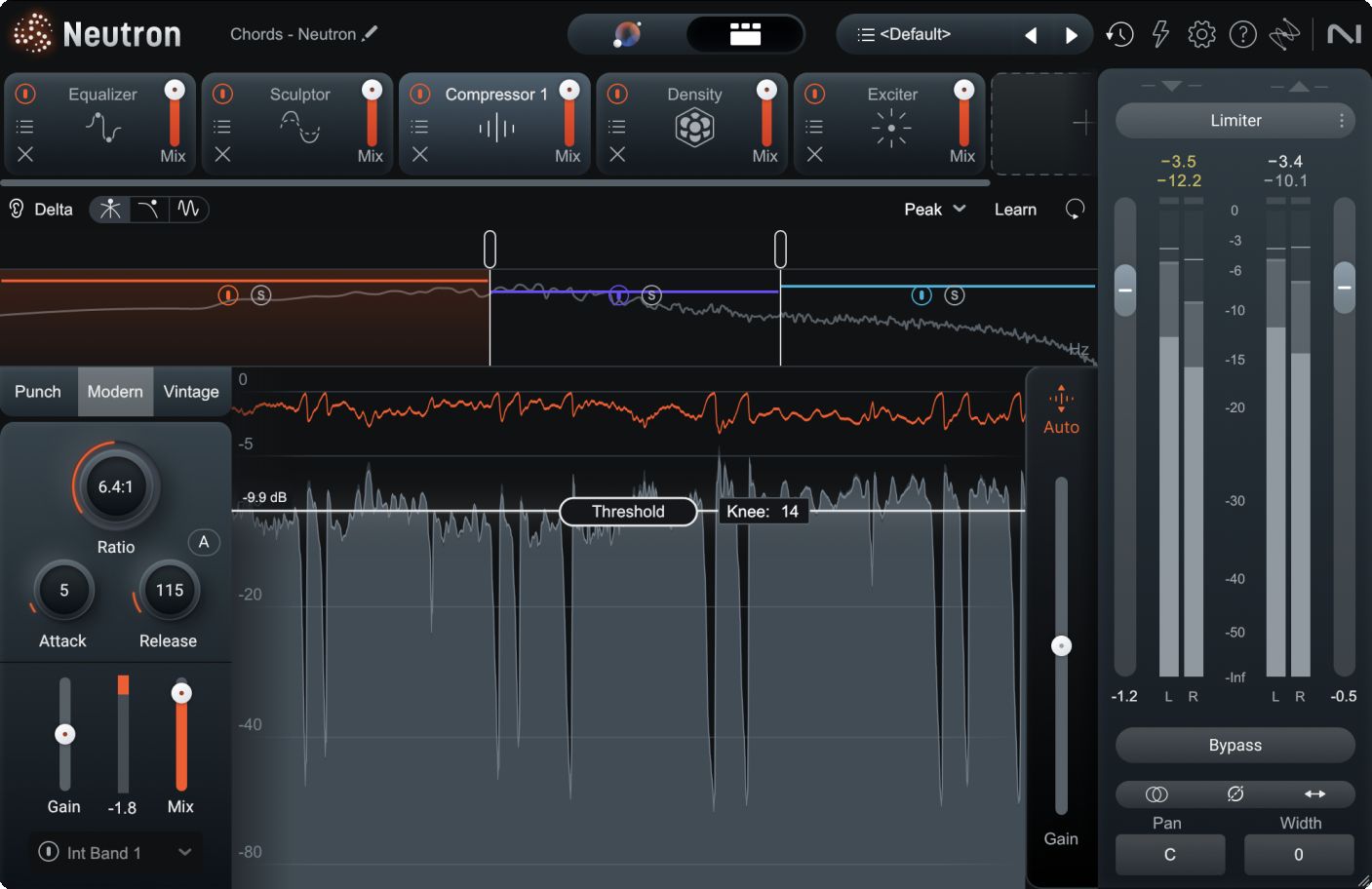 iZotope Neutron 5 compressor plugin interface with AI-powered assistant view, multiband controls, and detailed metering.