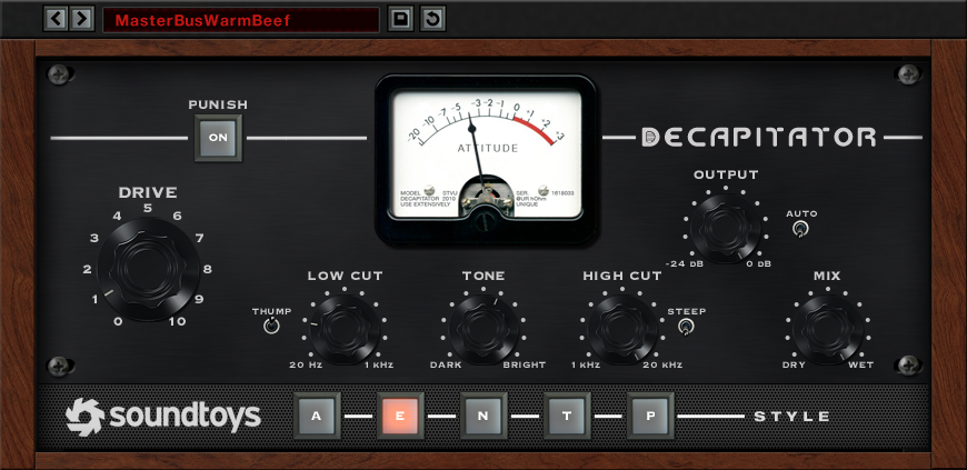 Soundtoys Decapitator saturation plugin interface with drive knob, tone control, and Punish button.
