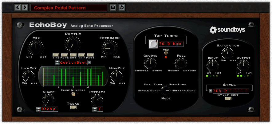 Soundtoys EchoBoy delay plugin interface with style selector, timing controls, saturation, and feedback knob.