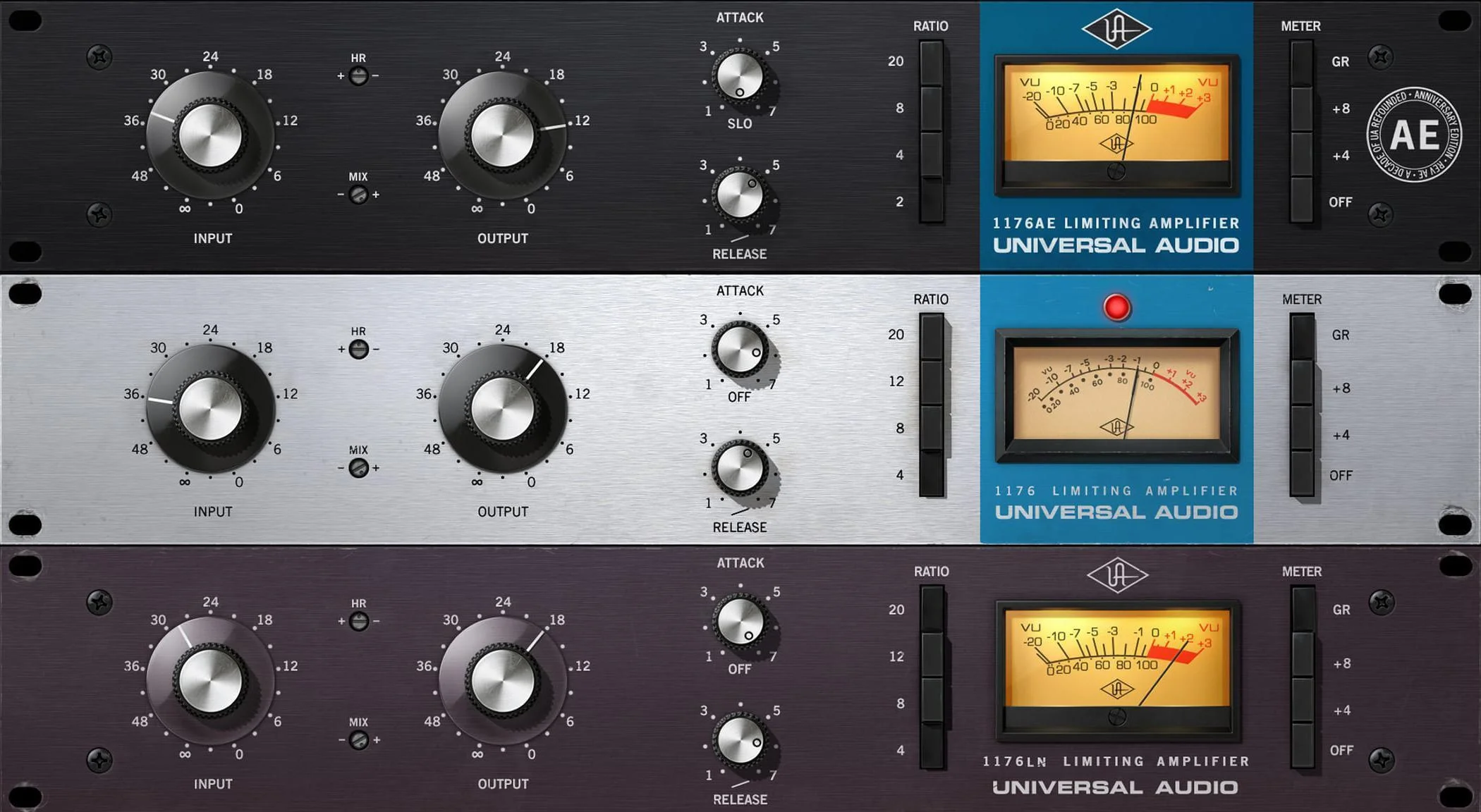 UAD 1176 compressor plugin interface with black faceplate, input and output knobs, and vintage-style VU meter.