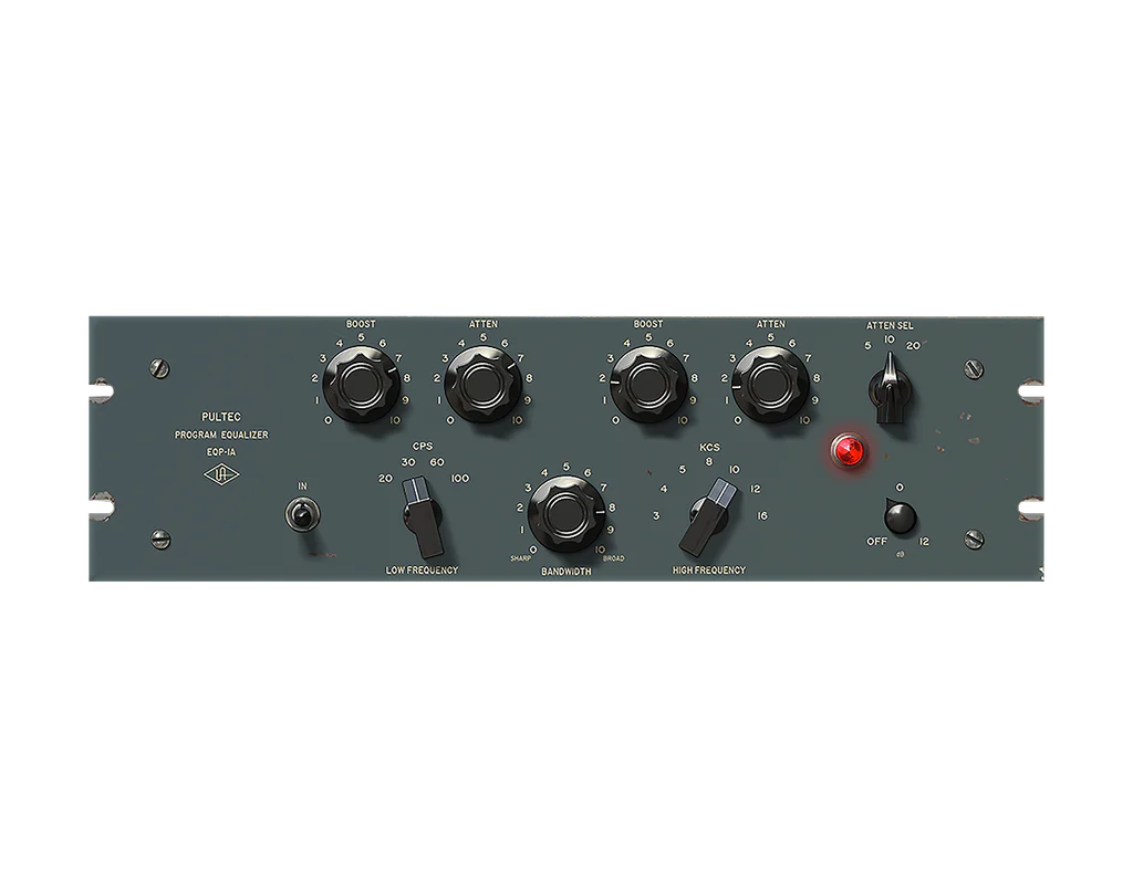 UAD Pultec EQP-1A plugin interface with low boost/attenuation and classic analog-style knobs.