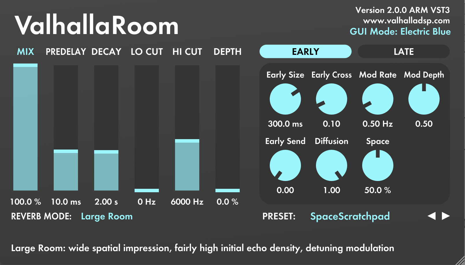 Valhalla Room plugin interface with clean, minimal controls