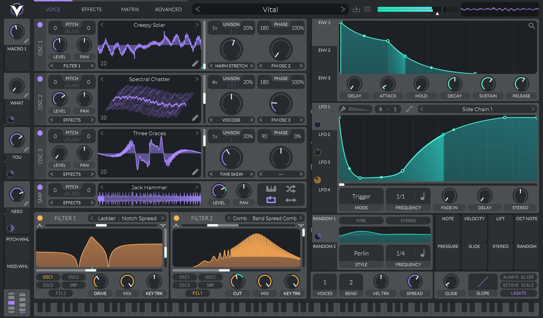 Vital plugin interface showing wavetable oscillator, filter section, and modulation matrix