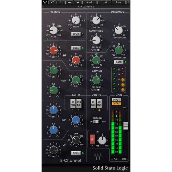 Waves SSL E-Channel plugin interface showing EQ bands, compressor, and channel strip layout.