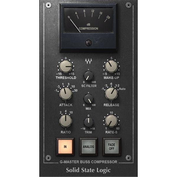 Waves SSL G-Master Buss Compressor plugin interface featuring threshold, makeup gain, attack, release, ratio controls, and central VU meter.