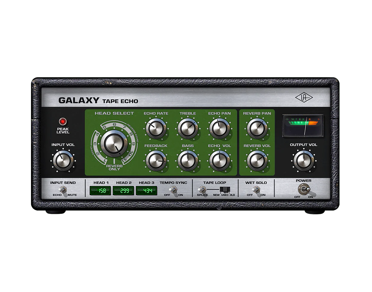 UAD Galaxy Tape Echo plugin interface emulating the Roland RE-201, with tape controls, spring reverb, and vintage VU meter.