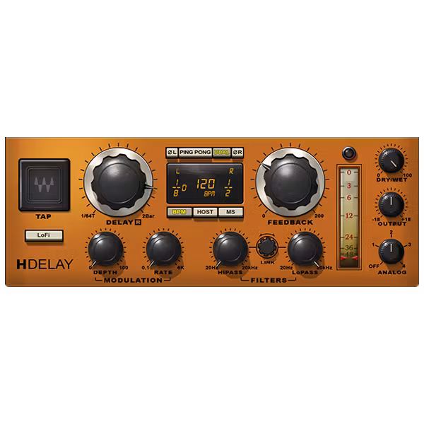 Waves H-Delay plugin interface with analog-style delay time, feedback, modulation, and filter controls.