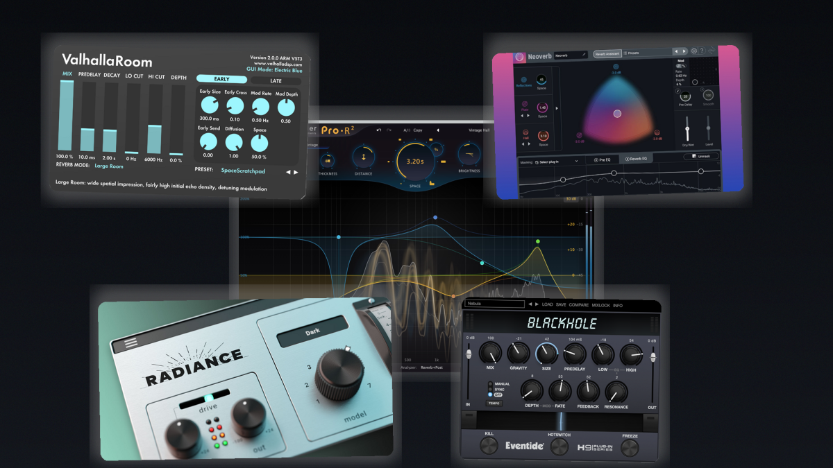 Interfaces of Valhalla Room, iZotope Neoverb, FabFilter Pro-R 2, Wave Alchemy Radiance, and Eventide Blackhole shown together—reverb plugins for music production.