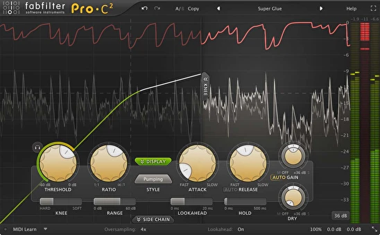 FabFilter Pro-C 2 compressor plugin interface showing threshold, ratio, attack, release, and gain controls with real-time visual display.