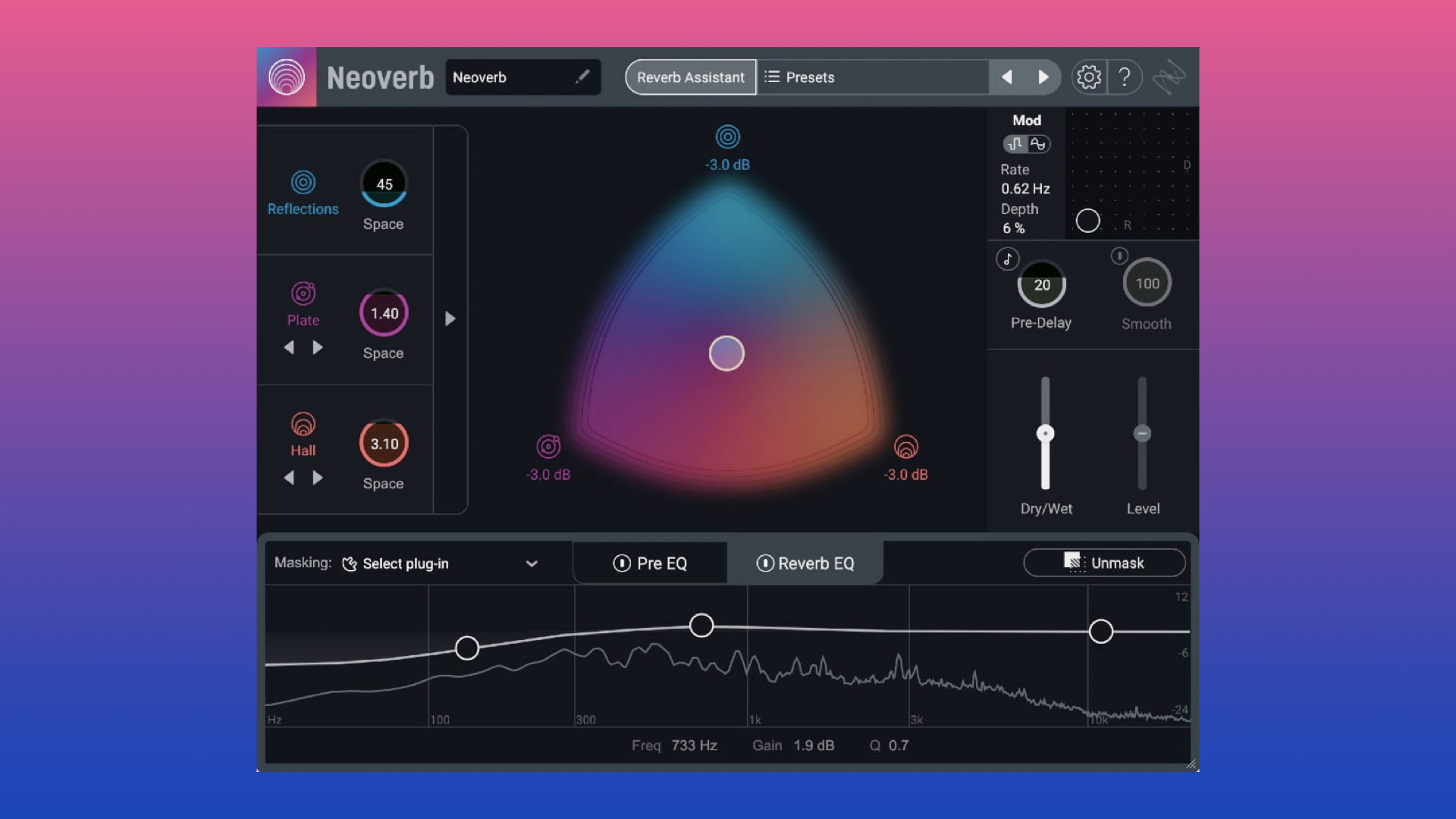 iZotope Neoverb interface with AI-powered reverb blending controls