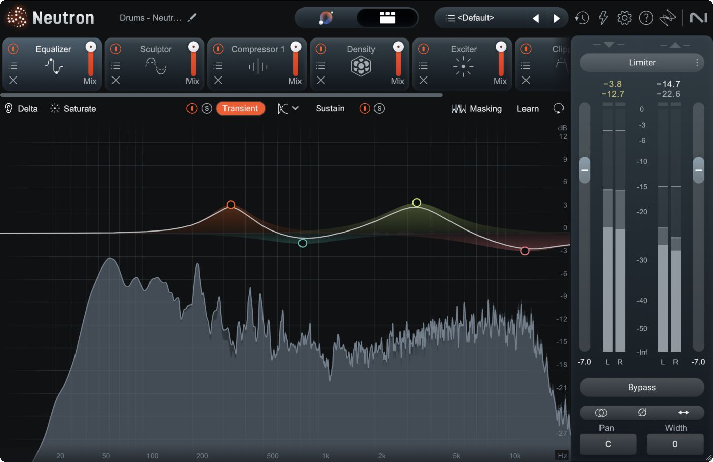 iZotope Neutron 5 EQ plugin interface with dynamic EQ nodes and AI-driven mix assistant view.