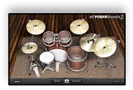 MT Power Drum Kit 2 plugin interface showing drum kit graphic and groove browser against a dark studio background.