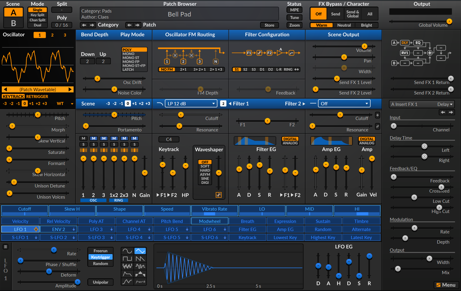 Surge XT plugin interface showing oscillators, filter section, modulation matrix, and effects rack with a dark, modern GUI.